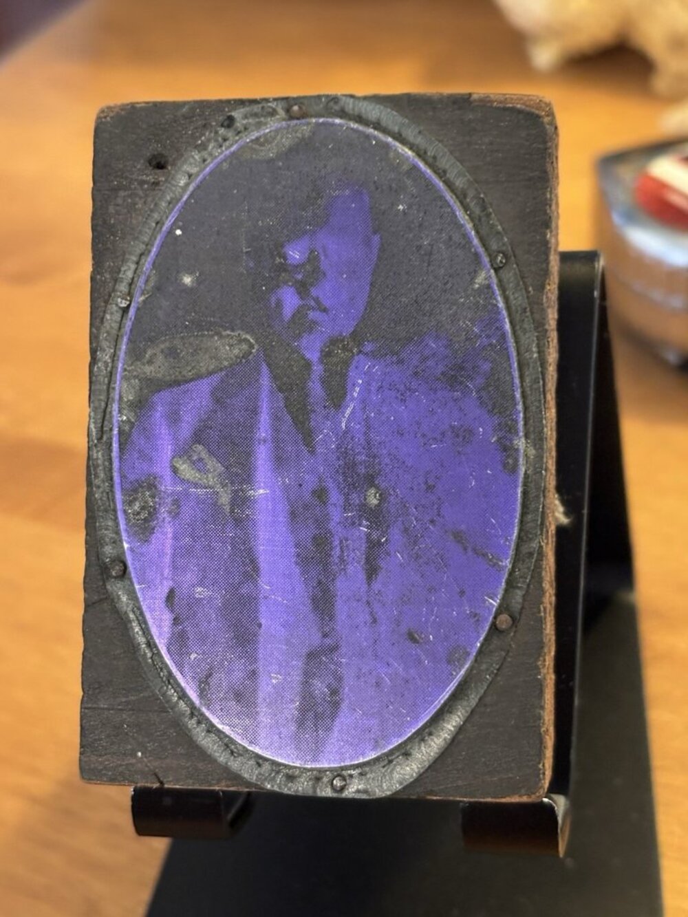 Antique Printing Etching Plate On Wood Block Image Man